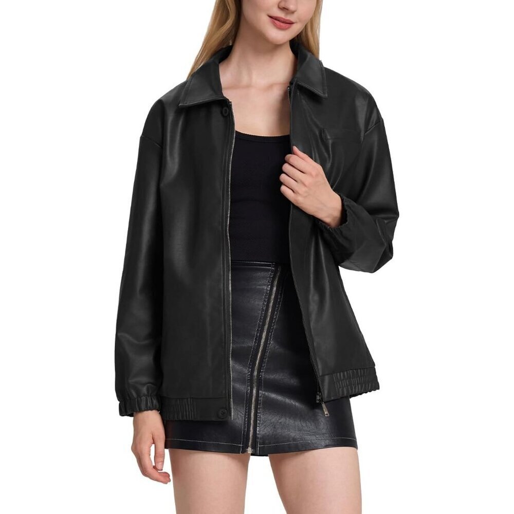🆕Women's Black Faux Leather Zip-Up Jacket with Elastic Cuffs and Collar